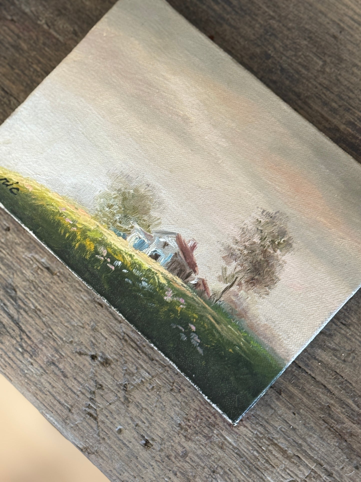 Vintage oil painting on canvas, house on hill