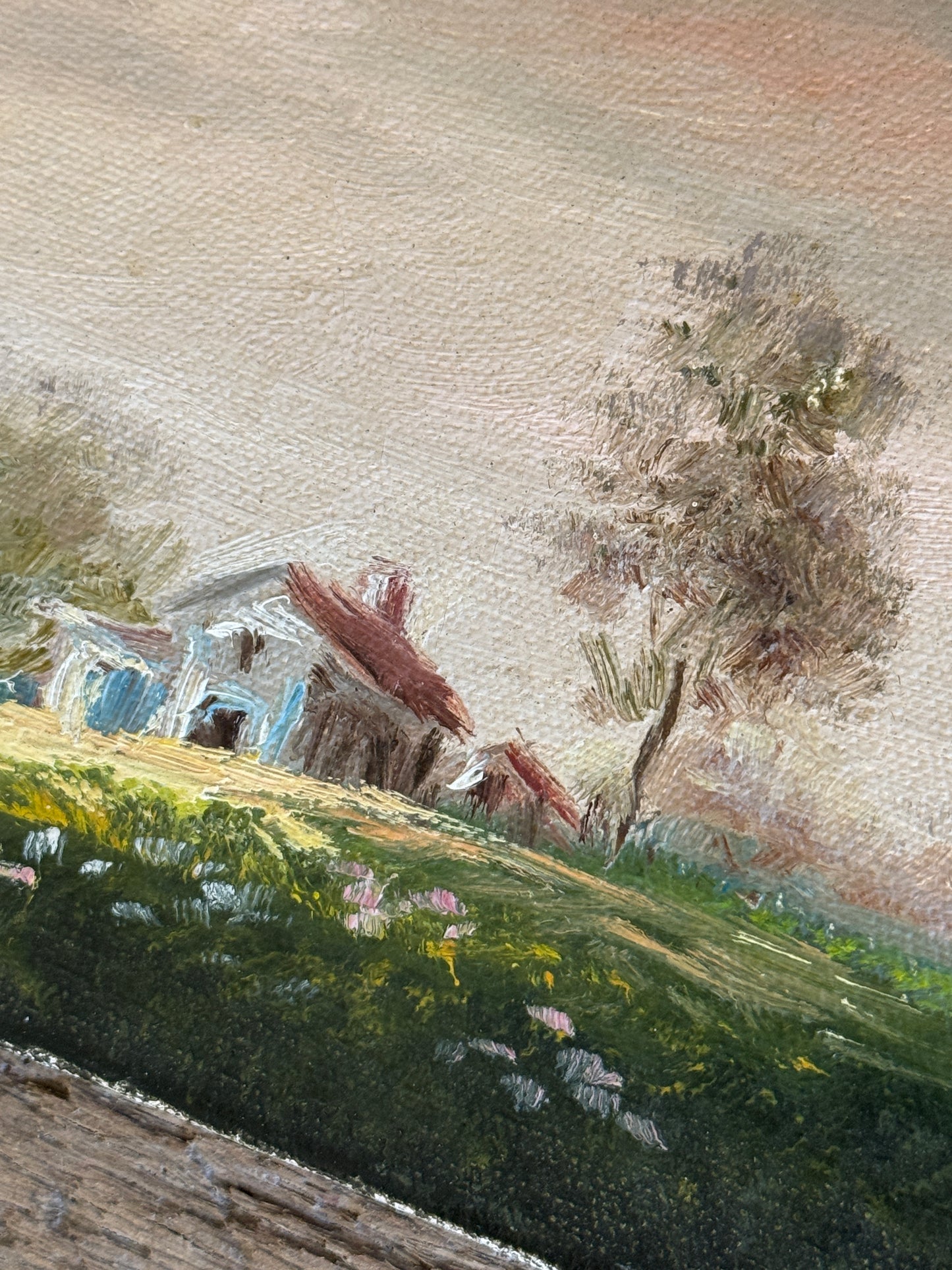 Vintage oil painting on canvas, house on hill