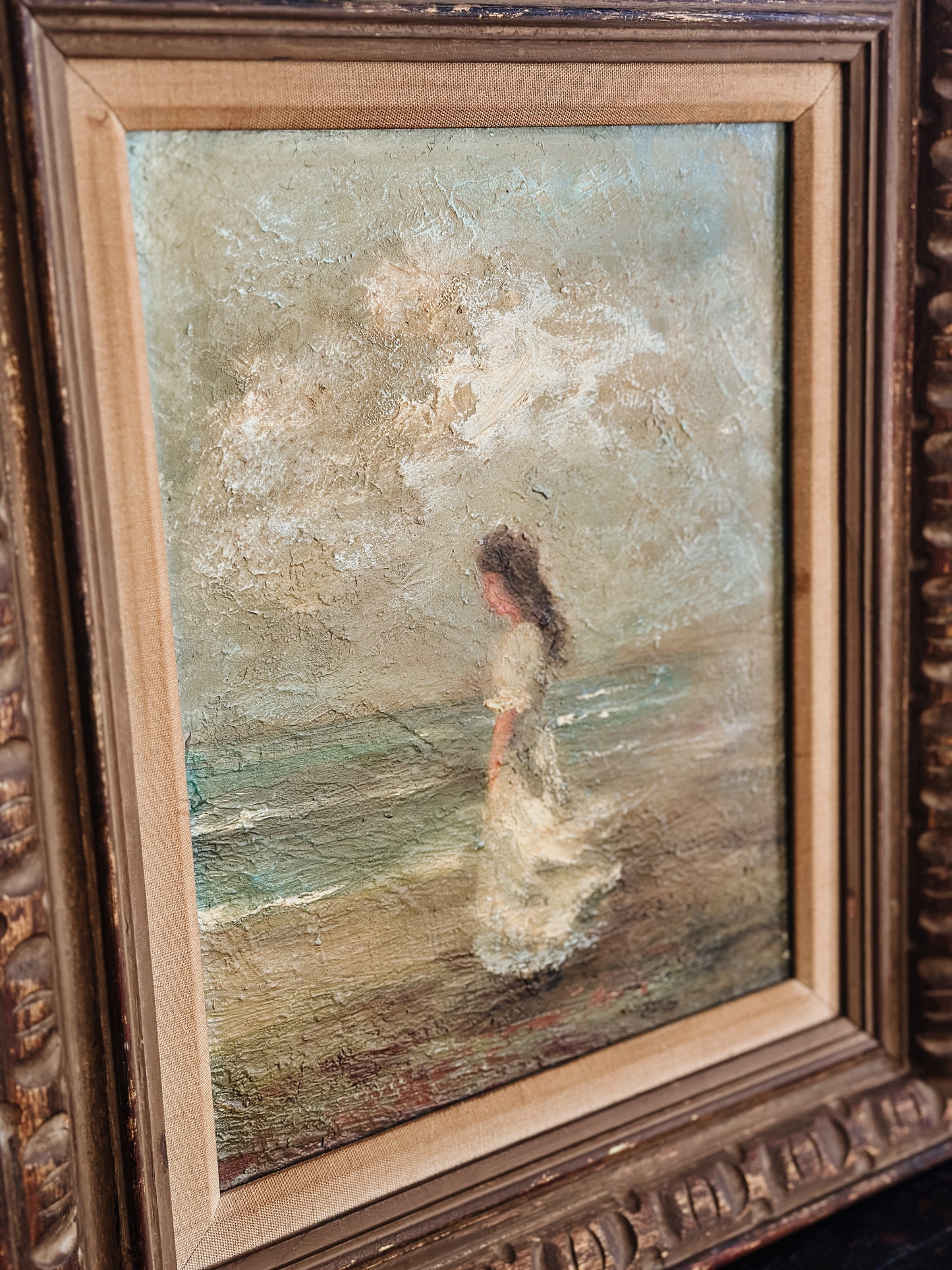 Original Vintage Oil Painting on Board, Woman by Sea