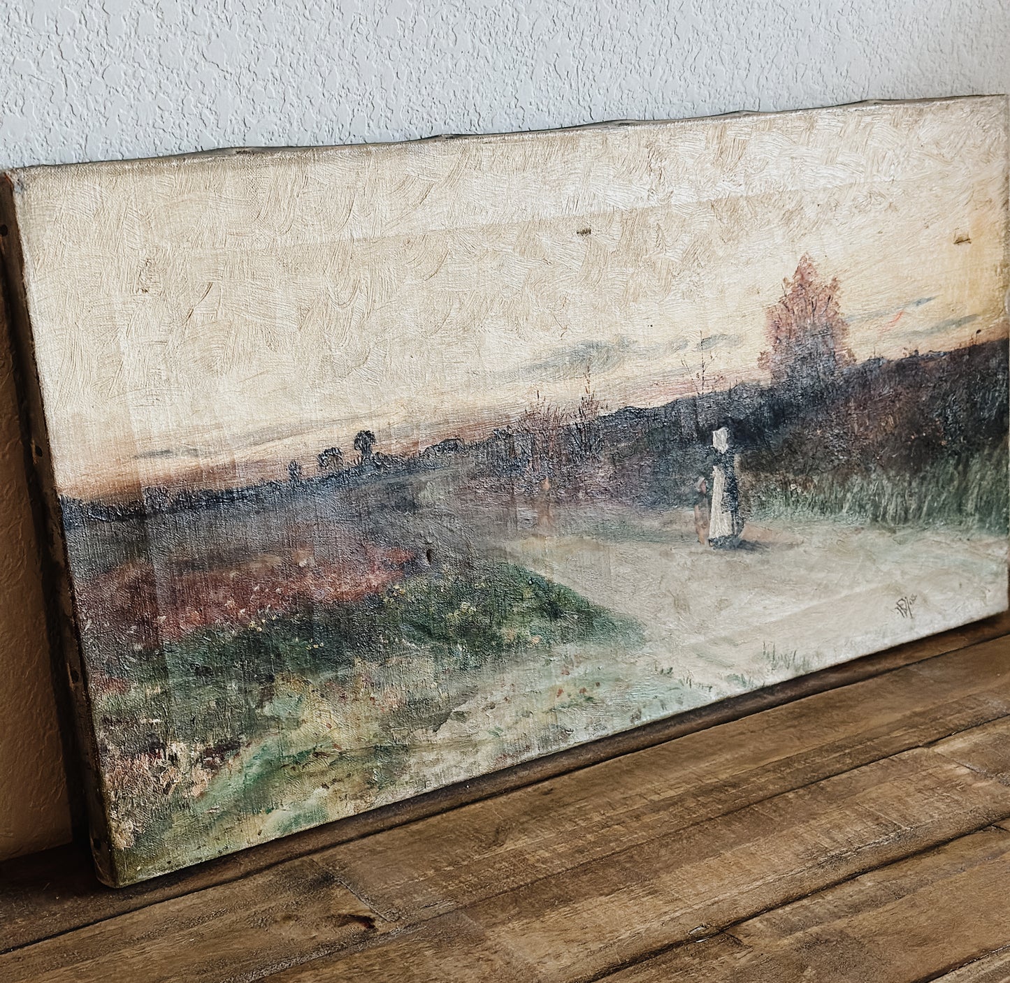 Antique European Oil Painting c. 1805, Mother and Daughter on Trail