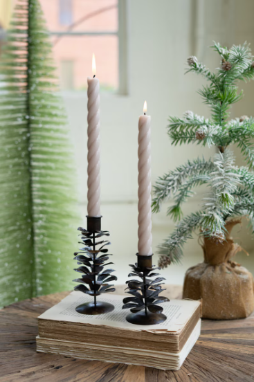 Set of Two Metal Pinecone Taper Candleholders