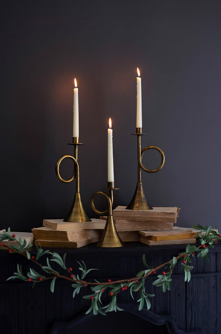 Set of 3 Antique Brass Trumpet Candle Holders