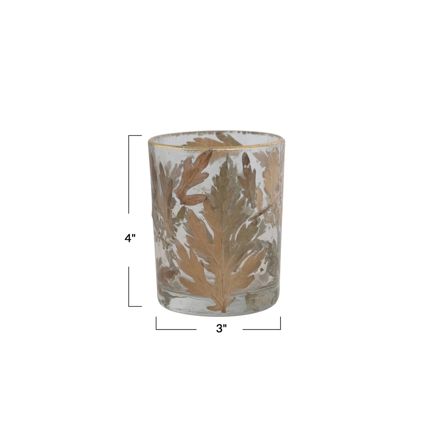 Glass Tealight Holder w/ Embedded Natural Oak Leaves & Gold Rim